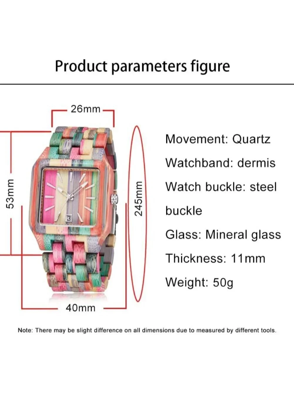 Men's Multi Color Classic Handmade Square Bamboo Analog Date Quartz Wooden Watch